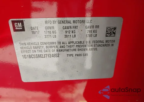 2018 Chevrolet Cruze Ls Auto из США, поврежденный, VIN 1G1BC5SM2J7124852